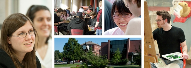 Campus Scenes (students and clock in front of library and South Hall)