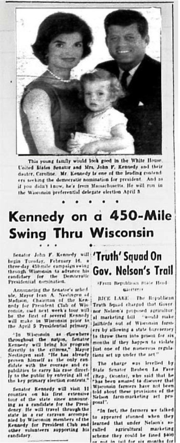 Kennedy on a 450 Mile Swing Through Wisconsin article from the New Richmond News, February 11, 1960