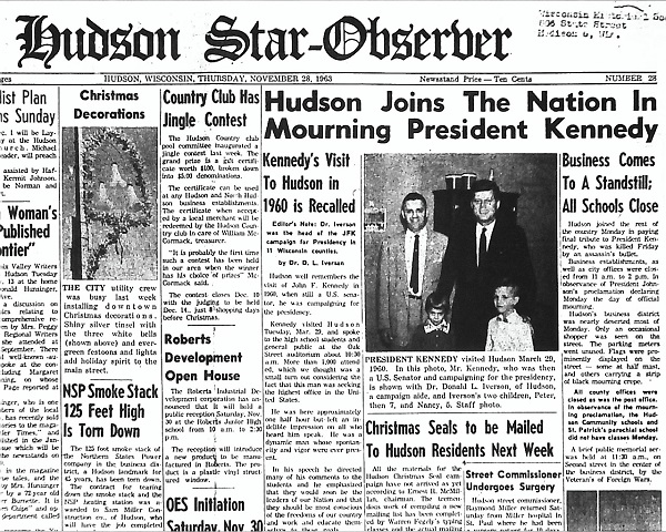 Front page of the Hudson Star-Observer, November 28, 1963