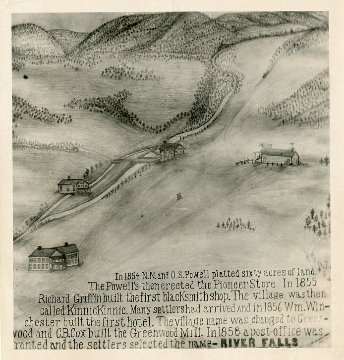 1854 hand-drawn map of the settlement that became River Falls