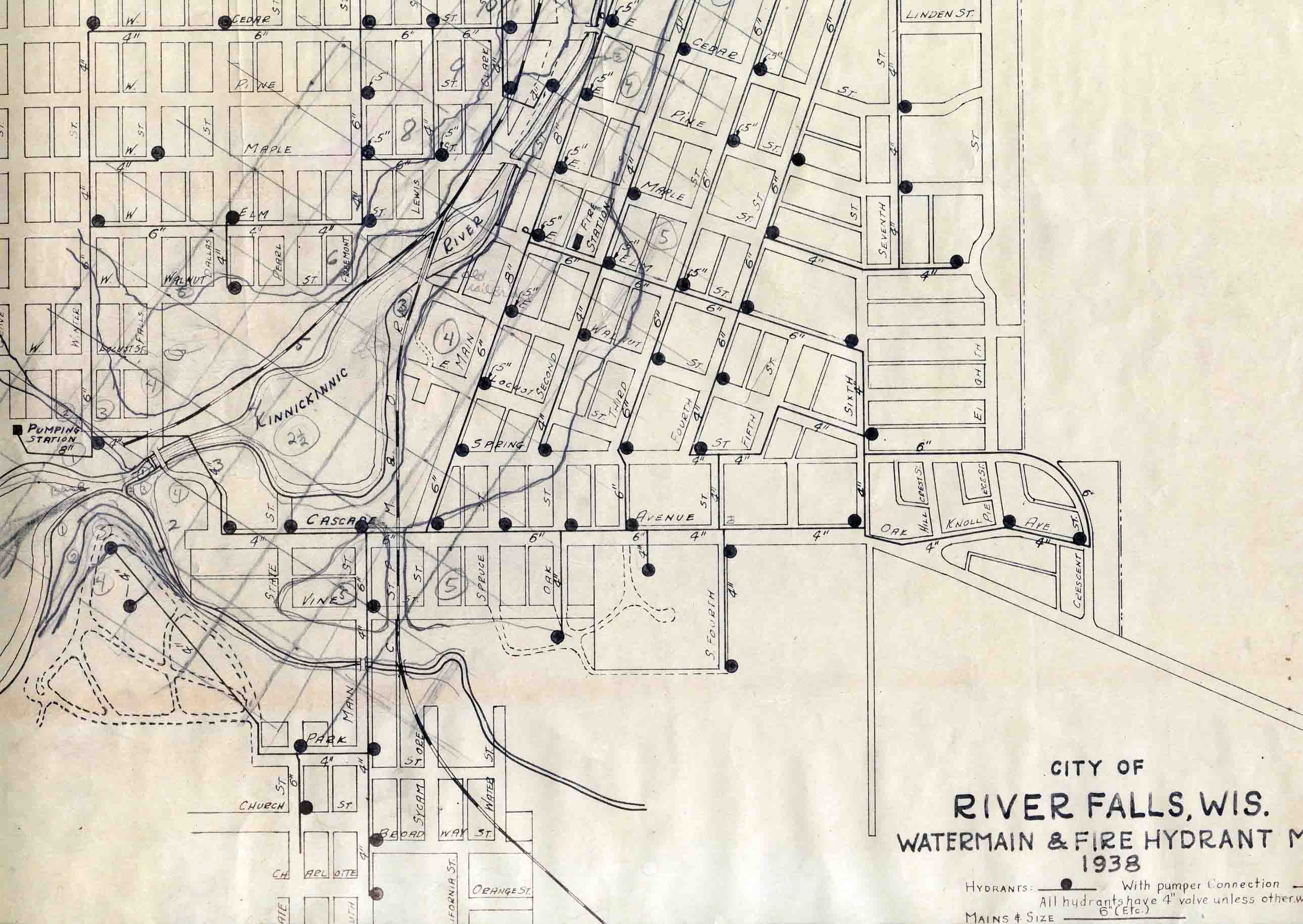 1938 Map of River Falls watermains and fire hydrants