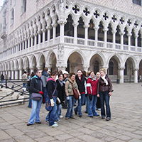 Students on tour at Doge's Palace in Venice, Italy with history professor Kiril Petkov