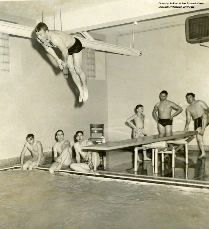 Dave Van Ess diving in the North Hall pool, May 1955