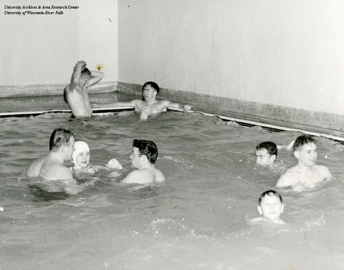 Open swim time on Sunday afternoons in the North Hall pool, 1955