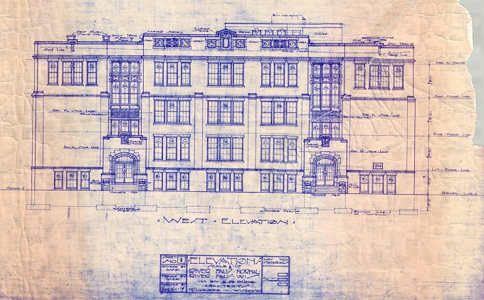 Blueline of the west elevation of North Hall, 1914