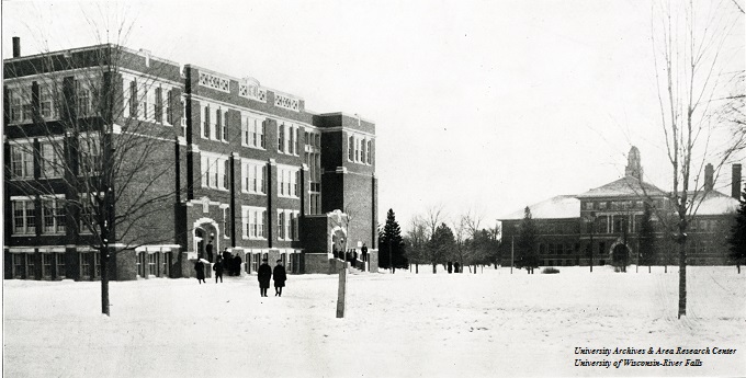 Exterior view of North Hall, with South Hall in the distance, 1916