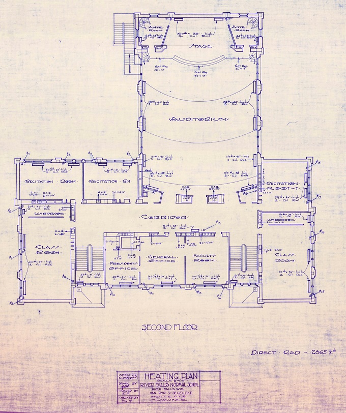 Blueline of the second floor of North Hall, 1914