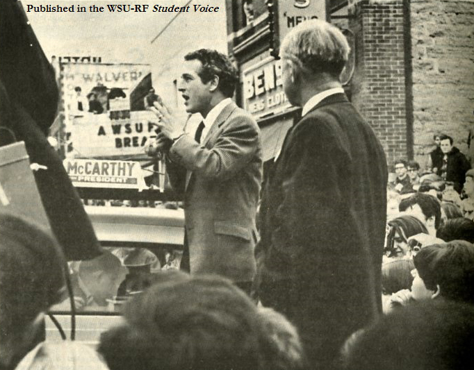 Actor Paul Newman addressing a rally in support of Eugene McCarthy in downtown River Falls, April 1, 1968