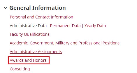 After logging in to Activity Insight, click on Awards and Honors