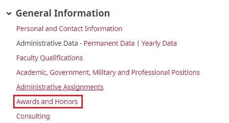 After logging in to Activity Insight, click on Awards and Honors