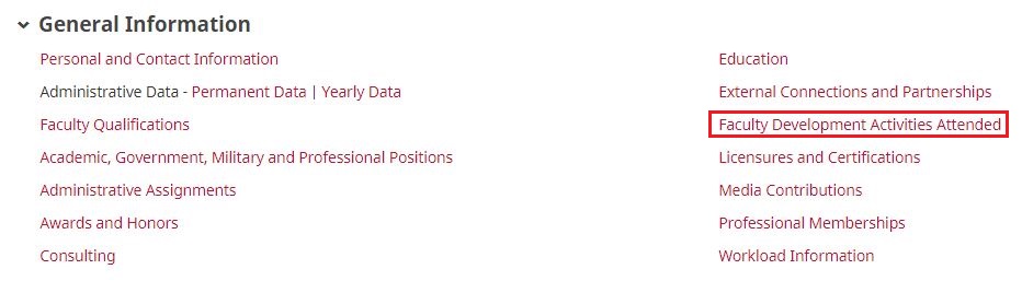 After logging in to Activity Insight, click on Faculty Development Activities Attended