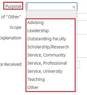 6. Select the Purpose of the Award or Honor being given