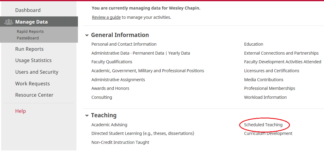 Activity Insight Scheduled Teaching