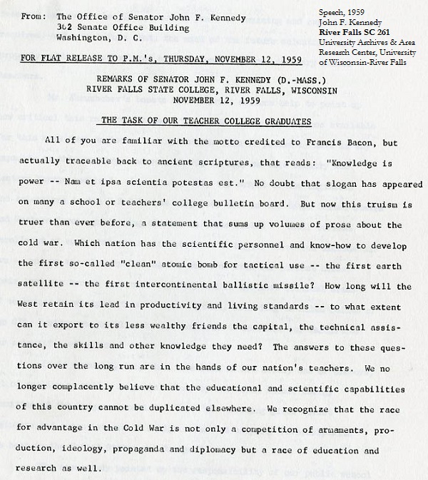 First page of Kennedy's speech at WSC-RF, November 12, 1959