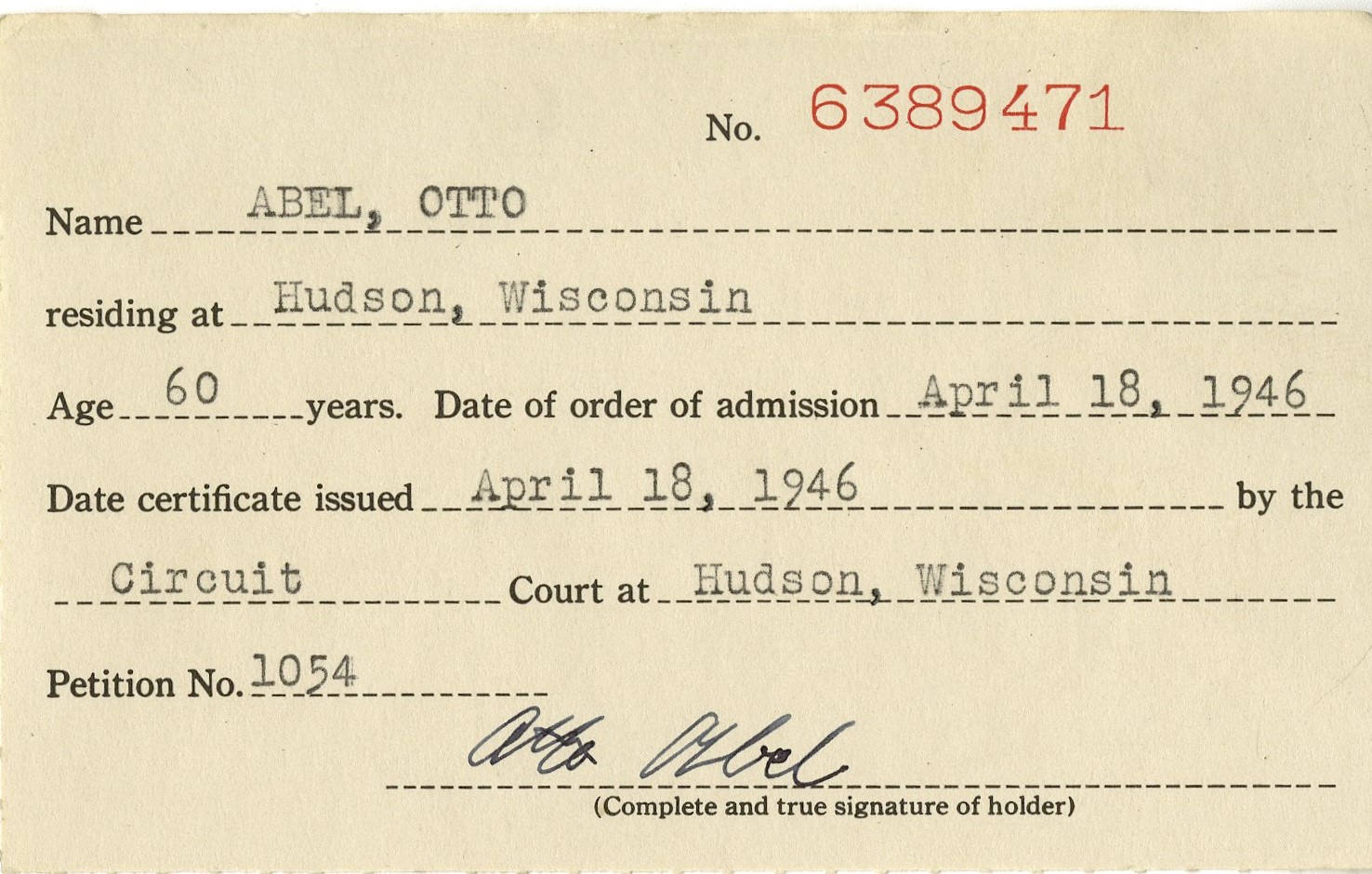 St. Croix County naturalization record: petition index card