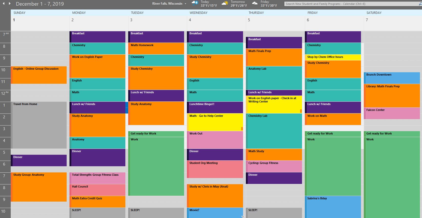 A picture of an Outlook Calendar during Finals Week