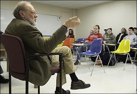 Professor Donald Worster talks with UWRF students on Mar. 5, 2015. (Photo by Kathy Helgeson, UWRF Communications)