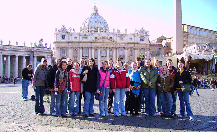 UWRF students in St. Peters Square, Rome with Professor Kiril Petkov