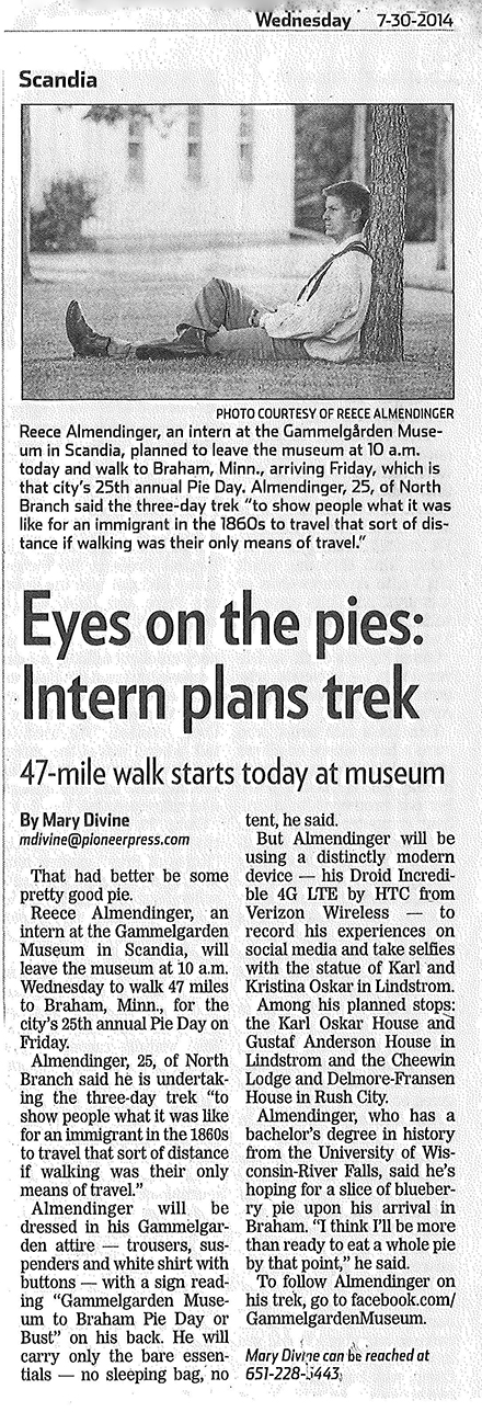 History major Reece Almendinger interns at Gammelgarden Museum in Scandia, St. Paul Pioneer Press 7-30-2014