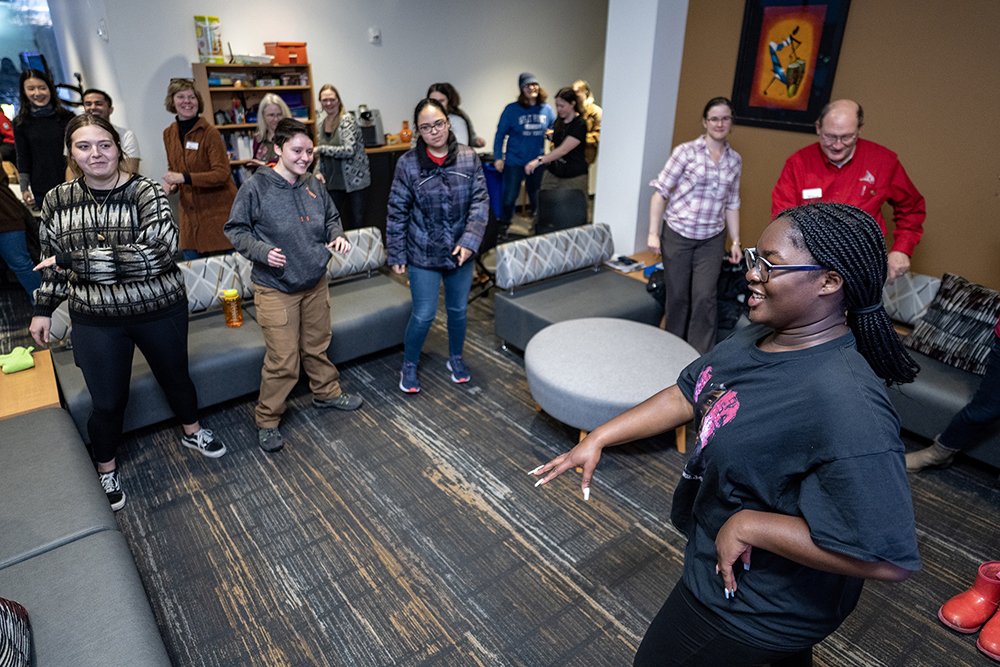 UWRF student Mayala Keita leads a dance session at the February 1 kickoff of Black History Month events at UW-River Falls. Several campus events are occurring this month to celebrate Black culture. Pat Deninger/UWRF photo. 