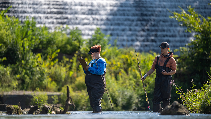Two students wearing chest high waders are standing in shallow water. One is wearing a blue shirt and writing on a clipboard while the other is wearing an orange sweatshirt and hat and is holding a pole. In the background are lots of trees and a waterfall