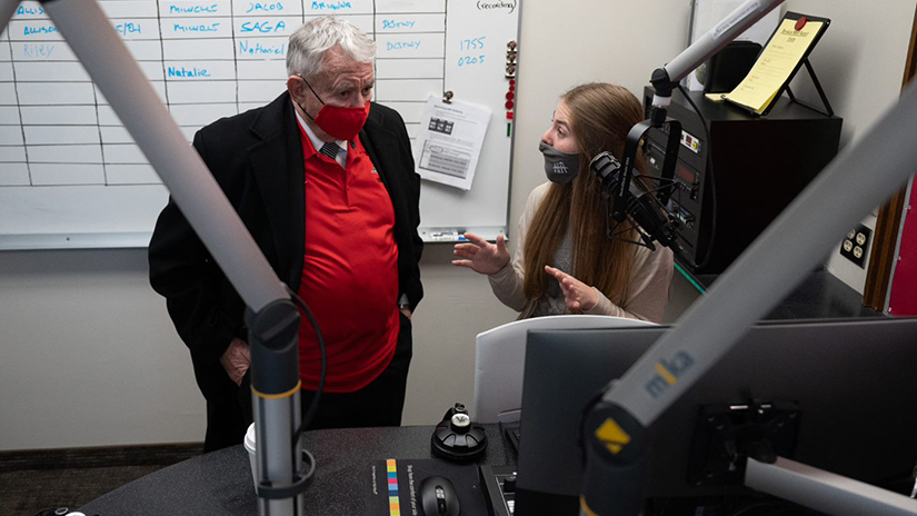 UWRF student Michelle Stangler interviews Tommy Thompson, former UW System president and governor.