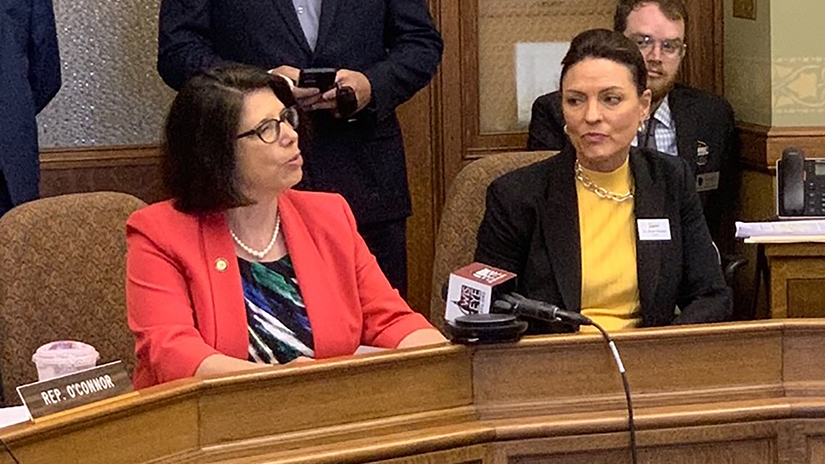 UW-River Falls Chancellor Maria Gallo, left, addresses members of the Wisconsin Assembly Committee on Colleges and Universities Thursday during a hearing about a proposed change to the tuition reciprocity agreement between Wisconsin and Minnesota.  