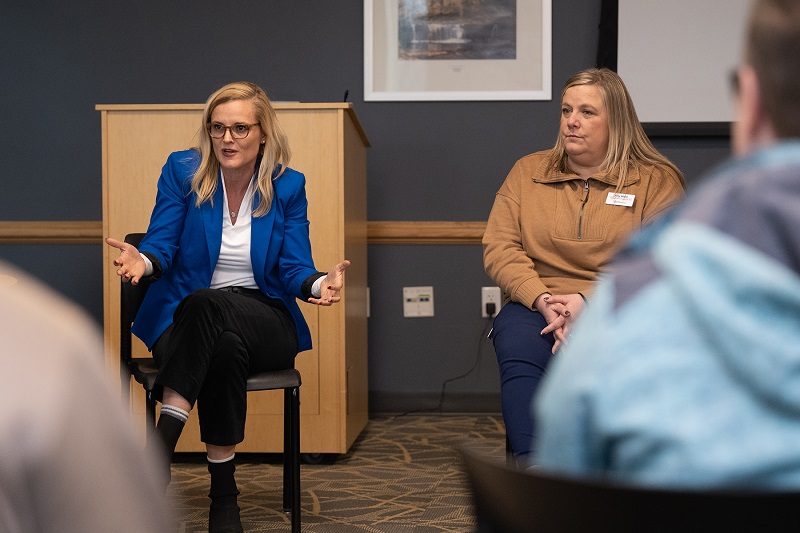 Wisconsin Secretary of State Sarah Godlewski, left, and River Falls Community City Clerk Amy White