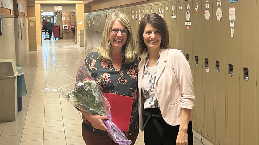 Taunya Kobernick, left, recipient of the UWRF Pre-Service Educator Award, with College of Education and Professional Studies Interim Dean Stacy Furness.