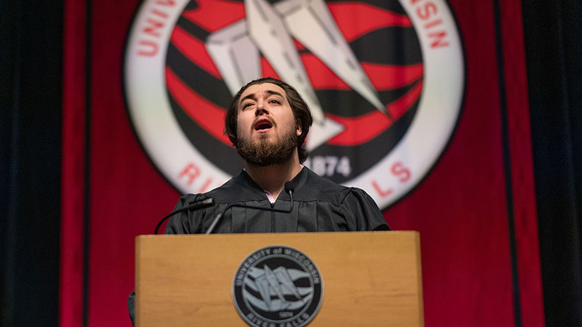 Zeb Rivard performing the National Anthem at UWRF’s commencement on May 7