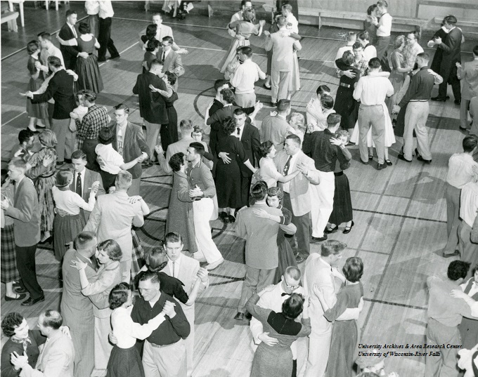 Mardis Gras dance in the North Hall gymnasium, 1955