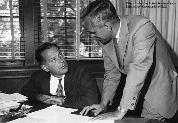 President George R. Field and Academic Vice President Richard J. Delorit, in the North Hall administration office, ca. 1970