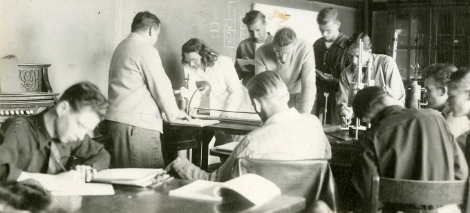 Physics students in North Hall