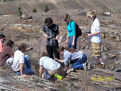 Looking at sediment structures, Wister Spillway, OK