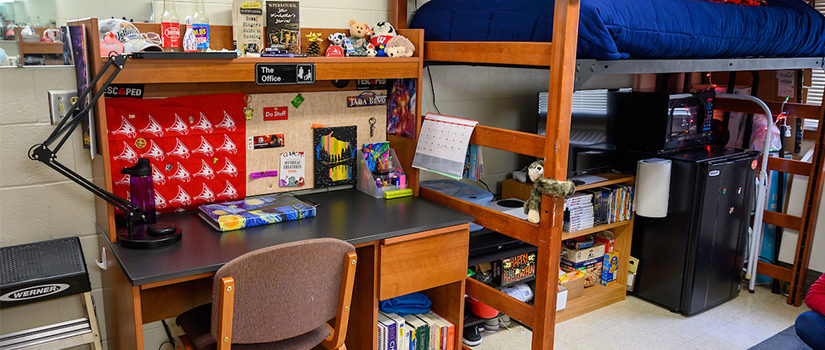 A room in Grimm Hall including a lofted bed, desk, chair, and microwave/minifridge unit.