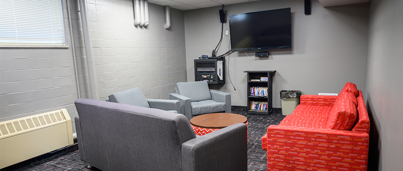 Hathorn media room includes a television, seating, and a DVD player