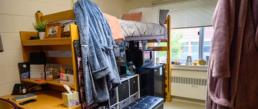A room in Hathorn depicts two lofted beds, desks, and a window