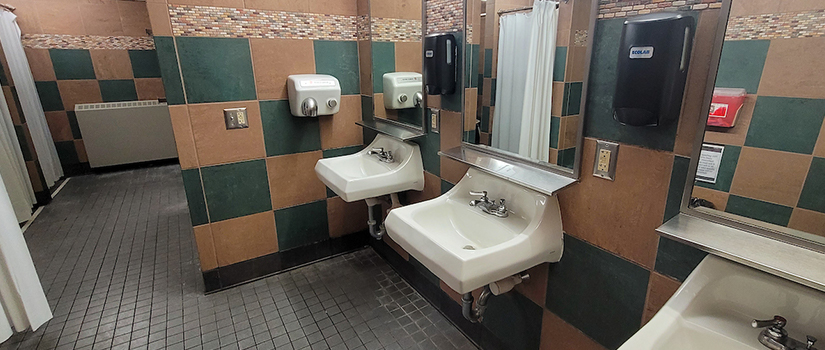 Prucha Hall bathroom with sinks and toilet stalls