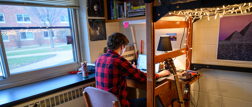 Inside a Stratton room, a student sits at their built-in desk. A built-in cupboard above the desk, next to a lofted bed.