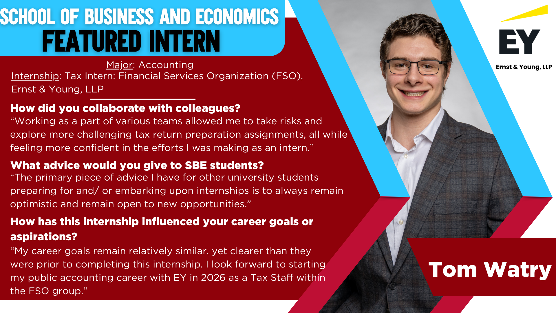 Info slide containing information about Tom Watry's accounting internship 