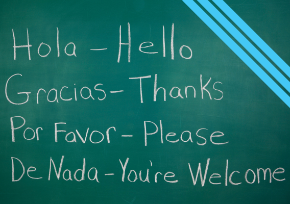 chalk board with Spanish words translated to English