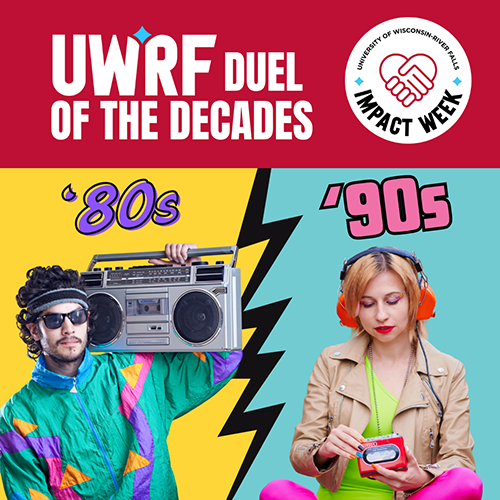 a graphic with the text "UWRF duel of the decades, 80s vs. 90s" two people, one with a boombox on their shoulder and one wearing headphones are pictured