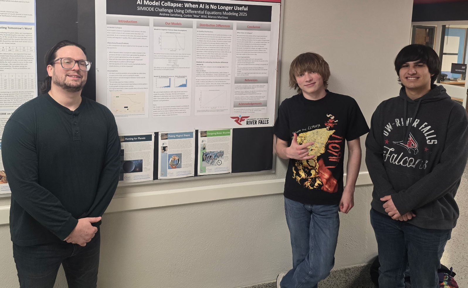 Three white male students stand next to a research paper about AI math research