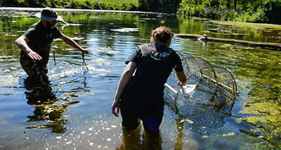 Two students conduct research on snapping turtles