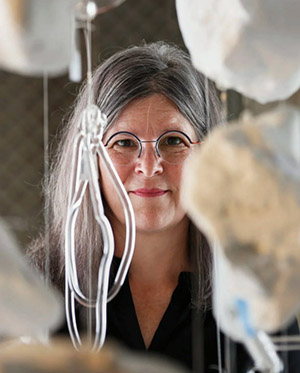 Beth Lipman, a white woman with long dark gray hair and glasses, looks at the camera while art installation pieces hang around her.