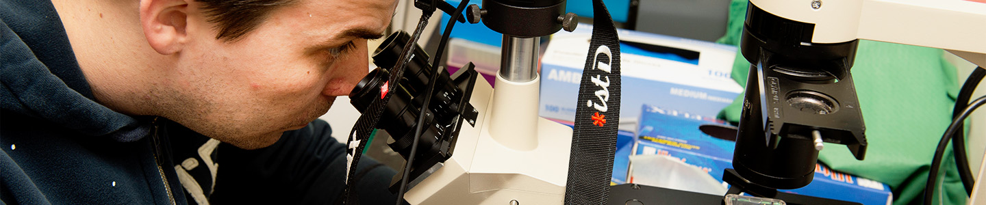 Biology student looks through a microscope at a slide