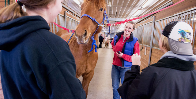 Two students stand in front of a horse in the campus barn