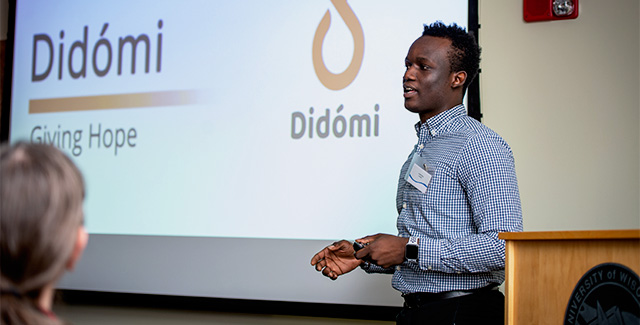 Student delivers a sales pitch presentation