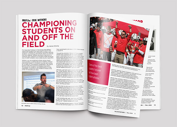A screenshot of a spread in the Falcon Features magazine. The headline of the spread says "Championing Students On and Off the Field"