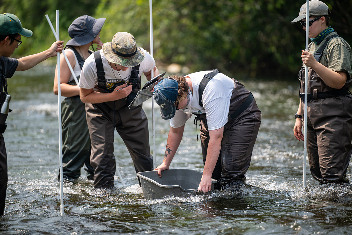 Students wearing chest waders take measurements in the Kinnickinnic River